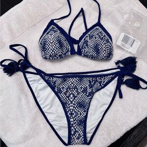 Blue & White Snake Print Triangle Bikini Set